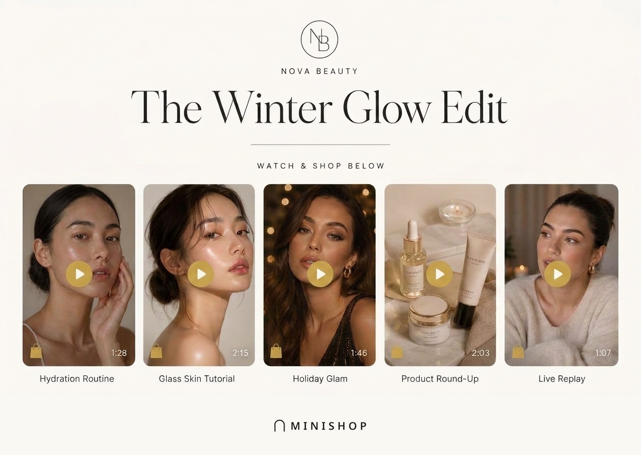 A brand campaign page with logo, collection name and a grid of shoppable videos