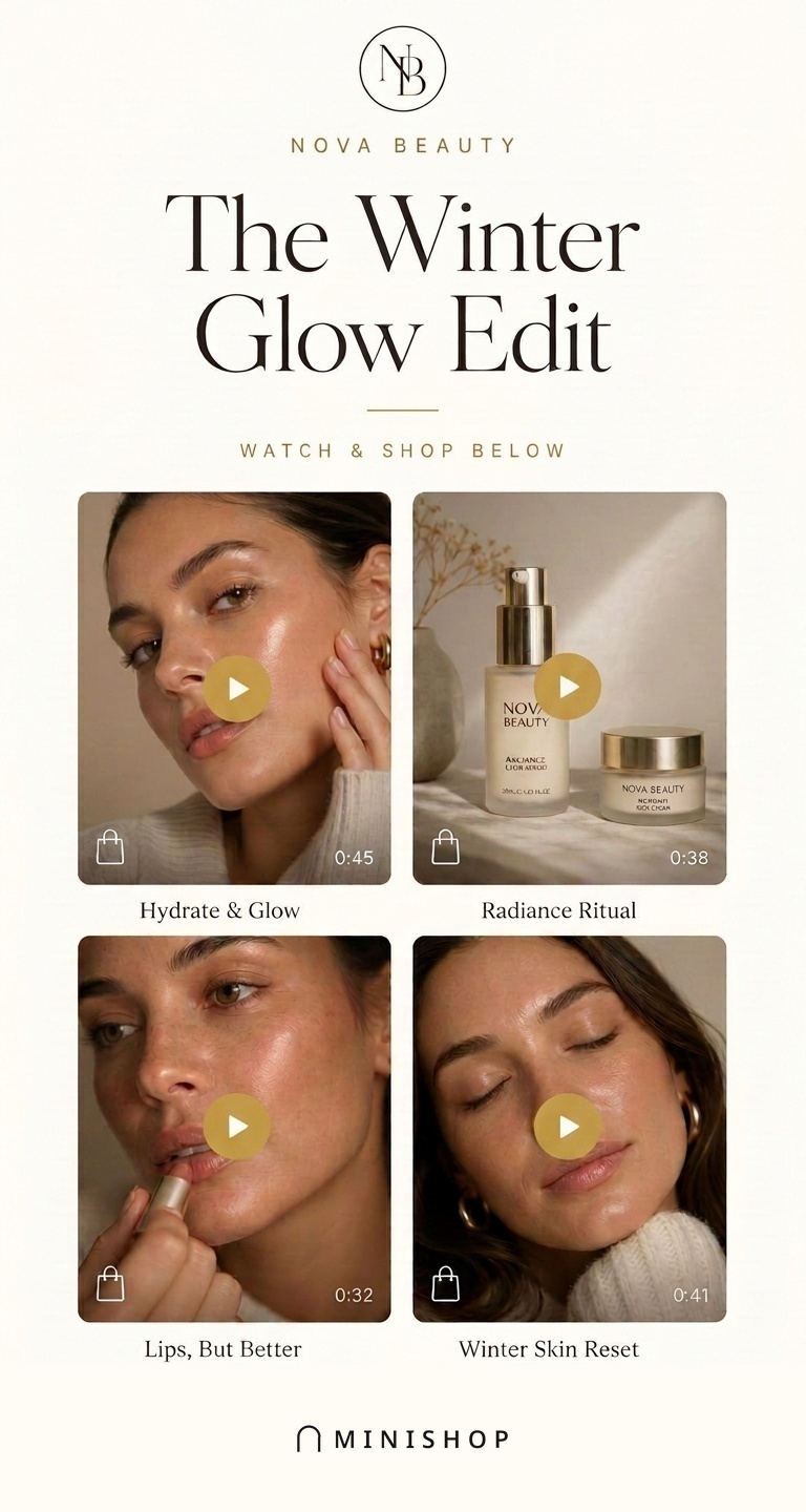 A brand campaign page on mobile with logo, collection name and shoppable videos