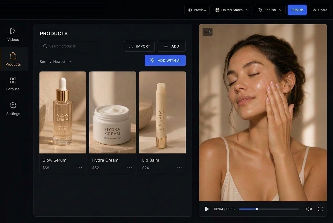 Minishop video editor with a brand product catalogue and a clean shoppable video preview