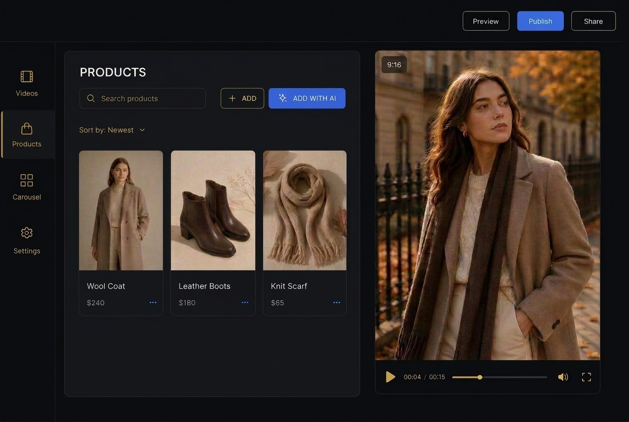 Minishop video editor with a creator product catalogue and a shoppable video preview