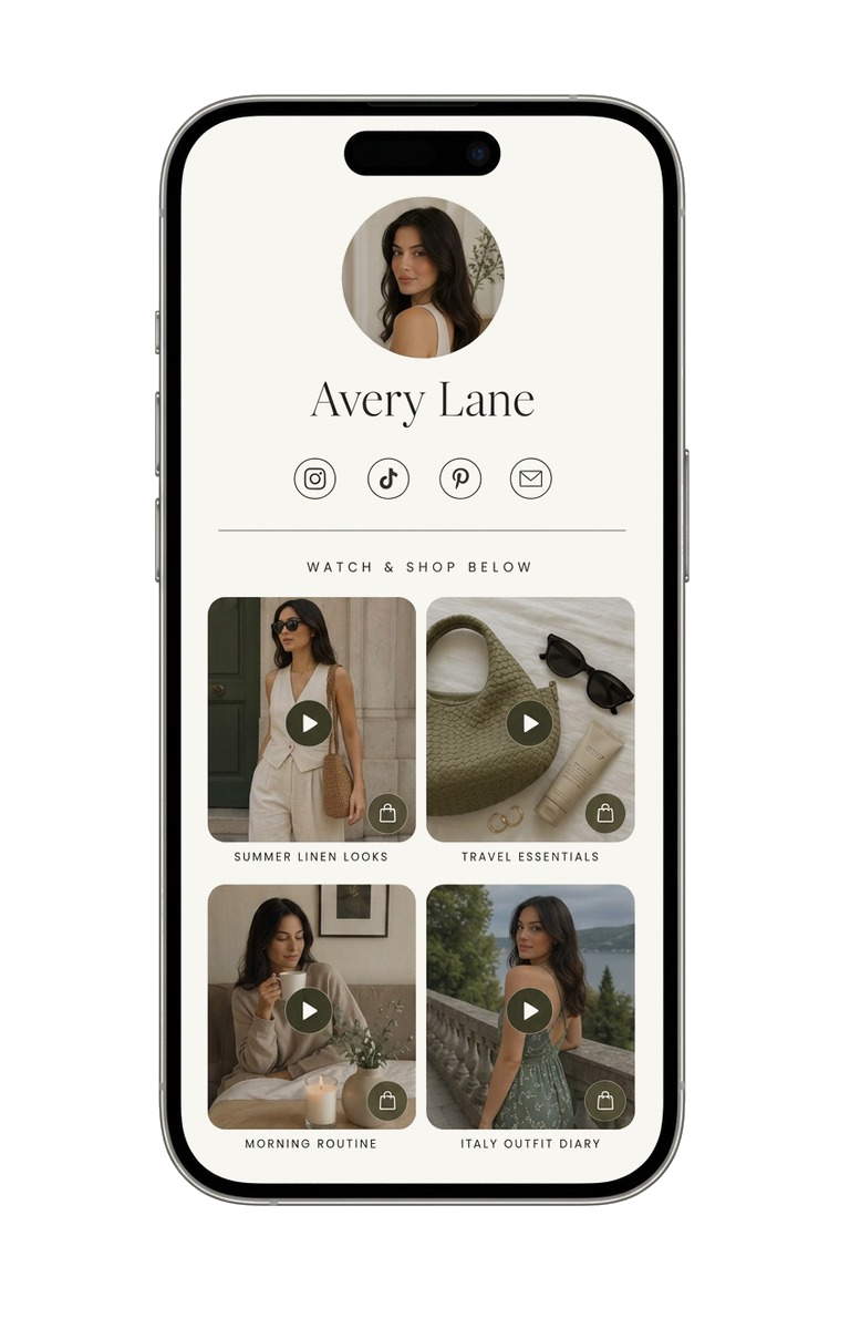 Step 1: A creator page with a grid of shoppable videos