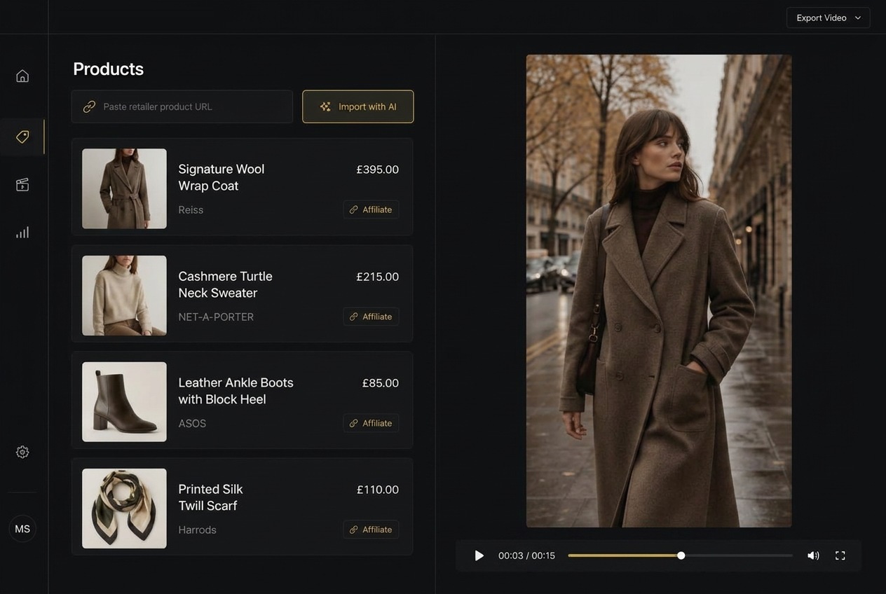 Minishop video editor importing products from multiple retailers with affiliate tags