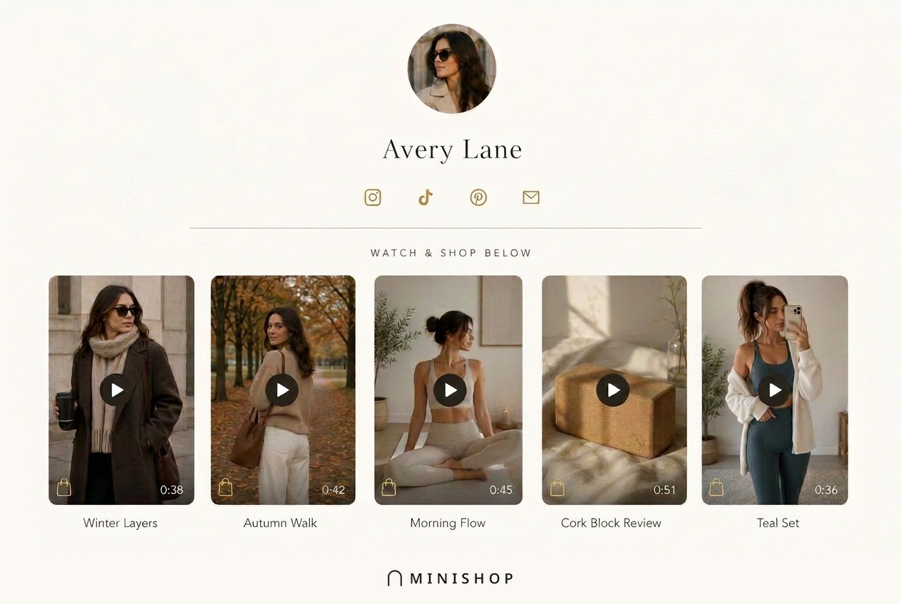 A creator campaign page with profile, social links and a grid of shoppable videos